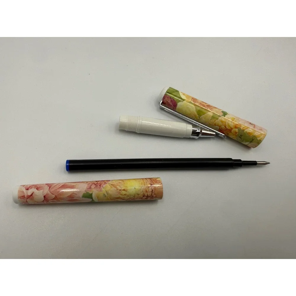 Lady Jayne Floral Rollerball Pen Yellow Pink Dahlia Print Silver Clip Korea